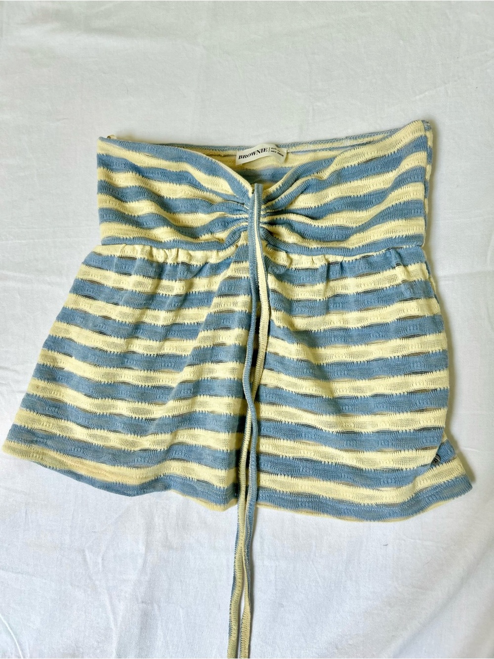 Brownie Striped Knit Tube Top in Pale Yellow & Light Blue